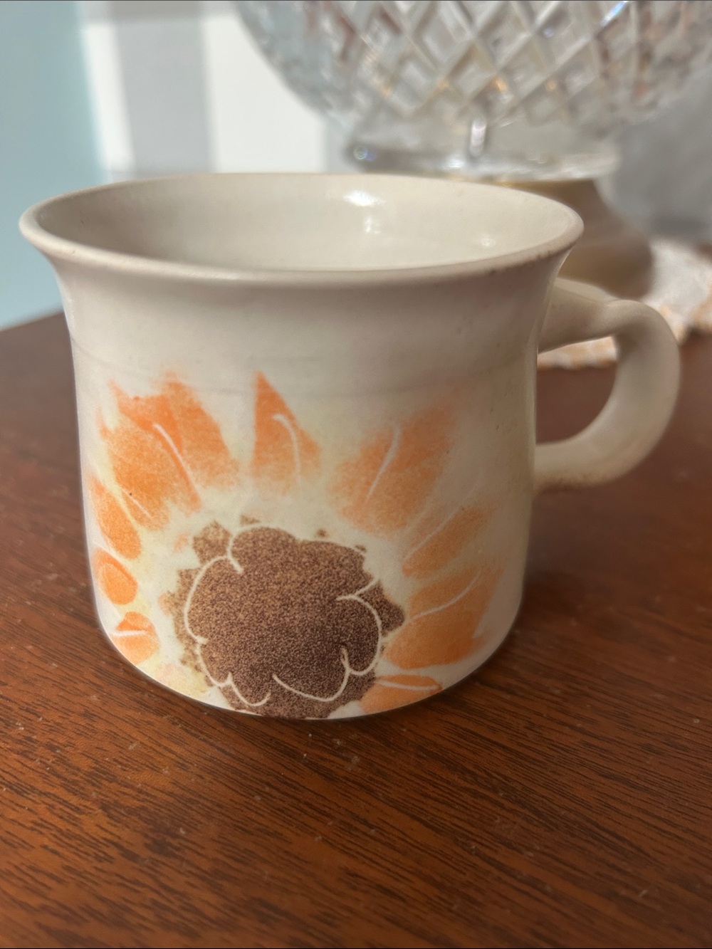 Handmade Pottery Cream Ceramic Mug with Orange Sunflower Motif